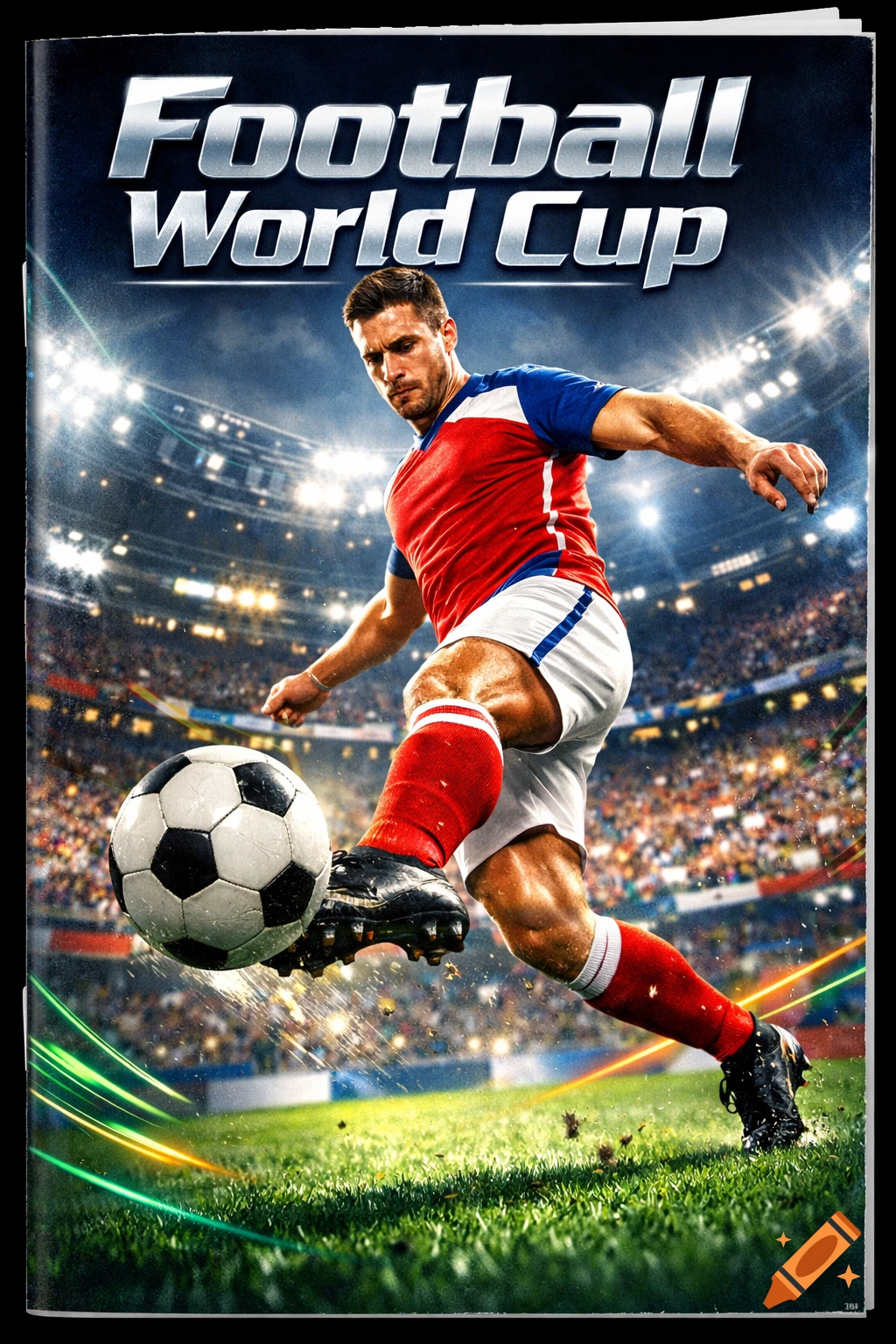 A male soccer player kicks a football in a brightly lit stadium, on a magazine cover titled 'Football World Cup'.