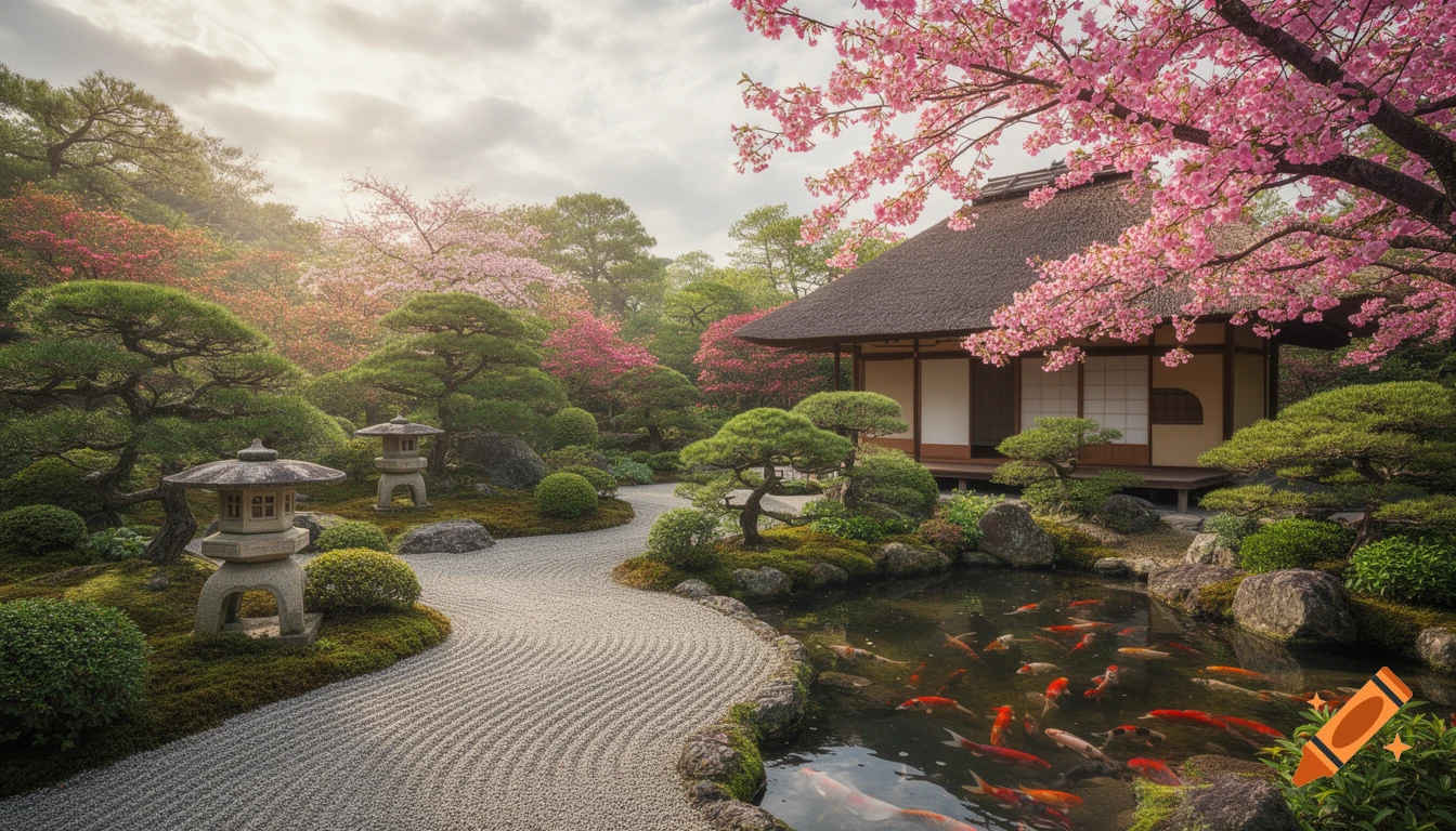 A serene Japanese garden with a traditional house, pink cherry blossoms, stone lanterns, a raked gravel path, and a pond filled with vibrant koi fish.
