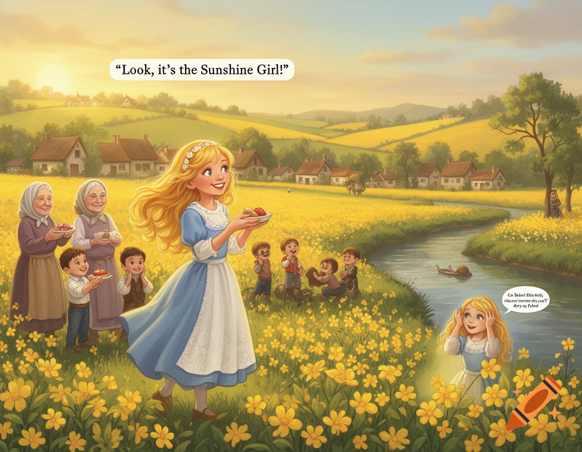 A girl with long blonde hair, dressed in blue and white, walks through a vibrant field of yellow flowers in a village. Elderly women and children smile at her, while another version of the girl appears by a river, looking surprised. Illustration style.