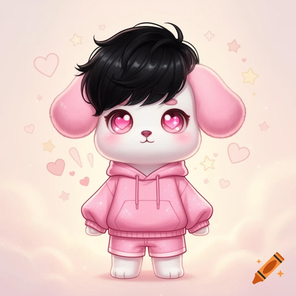 Kawaii white anime puppy boy with black hair, pink hoodie, and heart eyes on a pink background with hearts and stars.