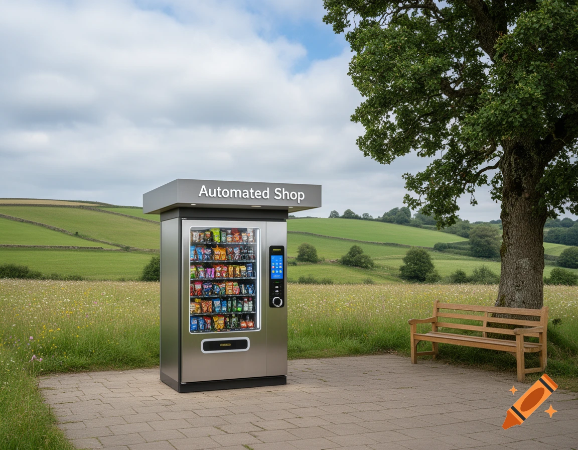 A modern vending machine with an 'Automated Shop' sign on a paved path in a green rural landscape, with a large tree and bench.