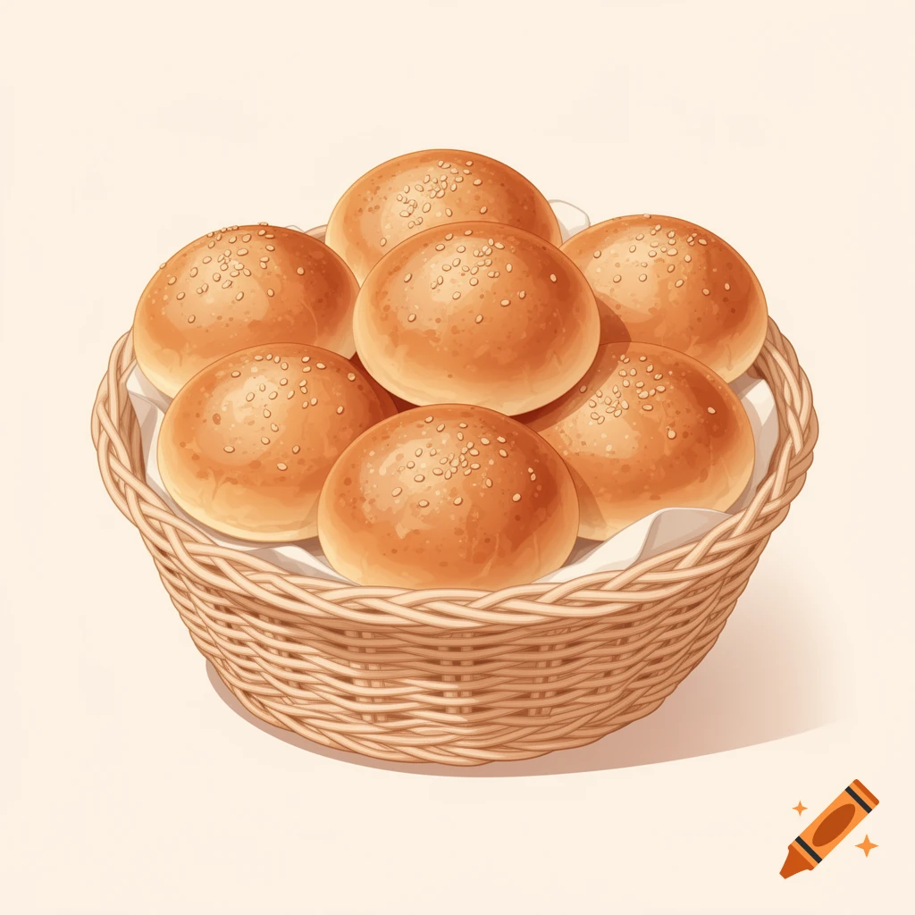 A wicker basket filled with seven golden-brown buns topped with sesame seeds, rendered in a clean illustration style.