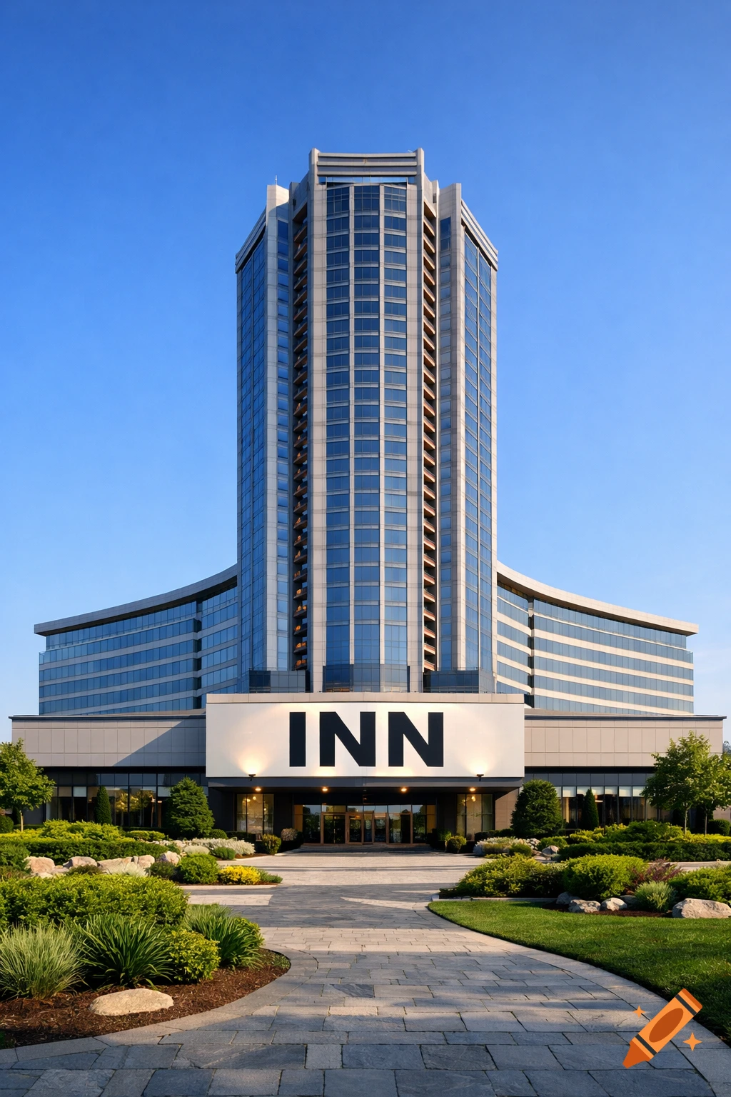 A modern high-rise hotel with 'INN' on its prominent sign, surrounded by well-maintained landscaped gardens, under a clear blue sky.