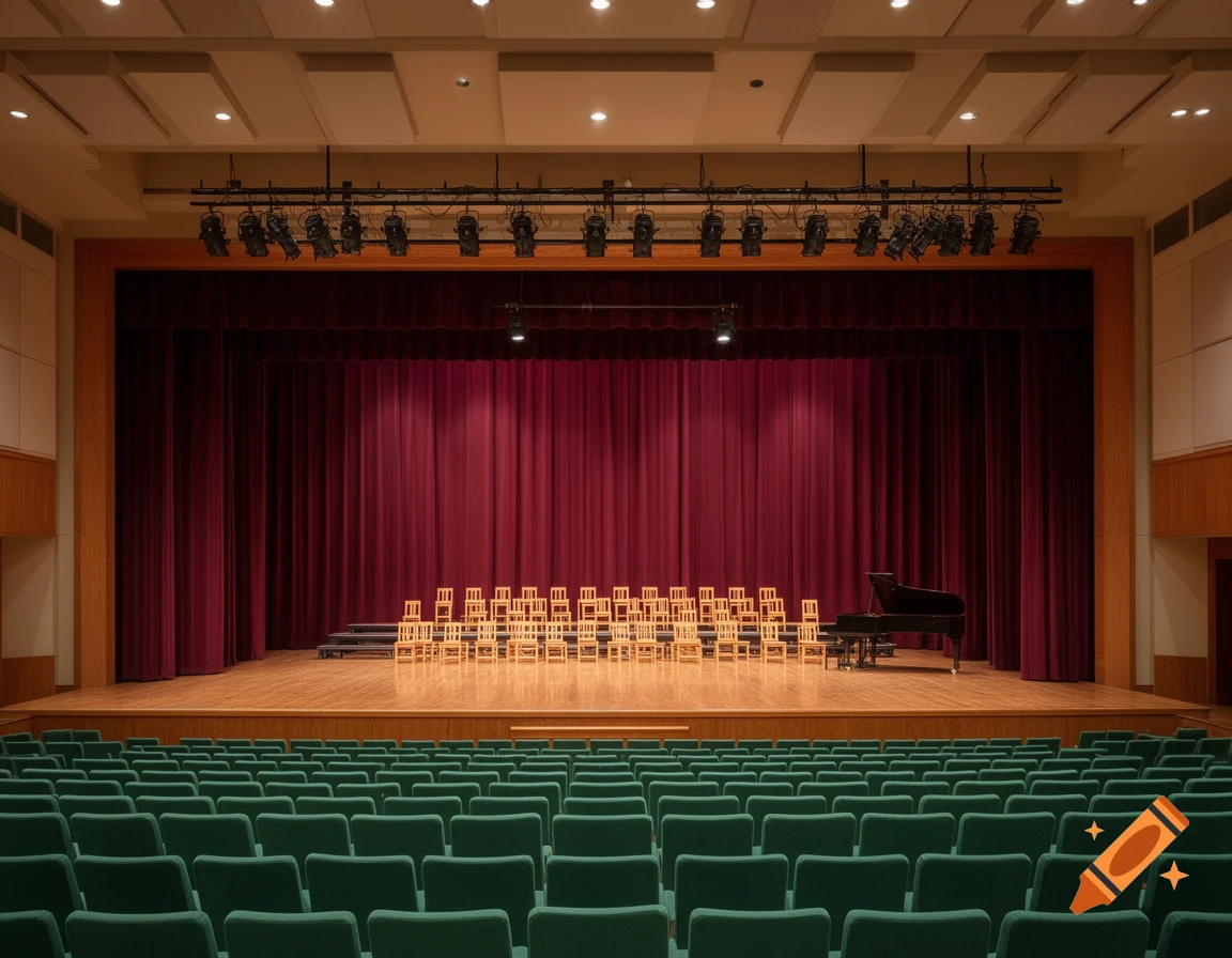 An empty school auditorium with rows of green seats facing a stage set with wooden chairs and a grand piano against a red curtain.