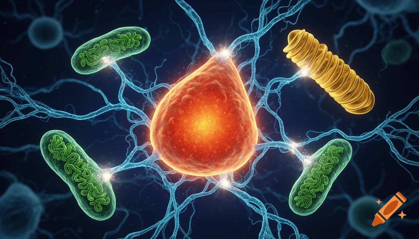 Scientific illustration of a glowing orange-red cell, blue neural fibers, green mitochondria, and a yellow organelle on a dark background.