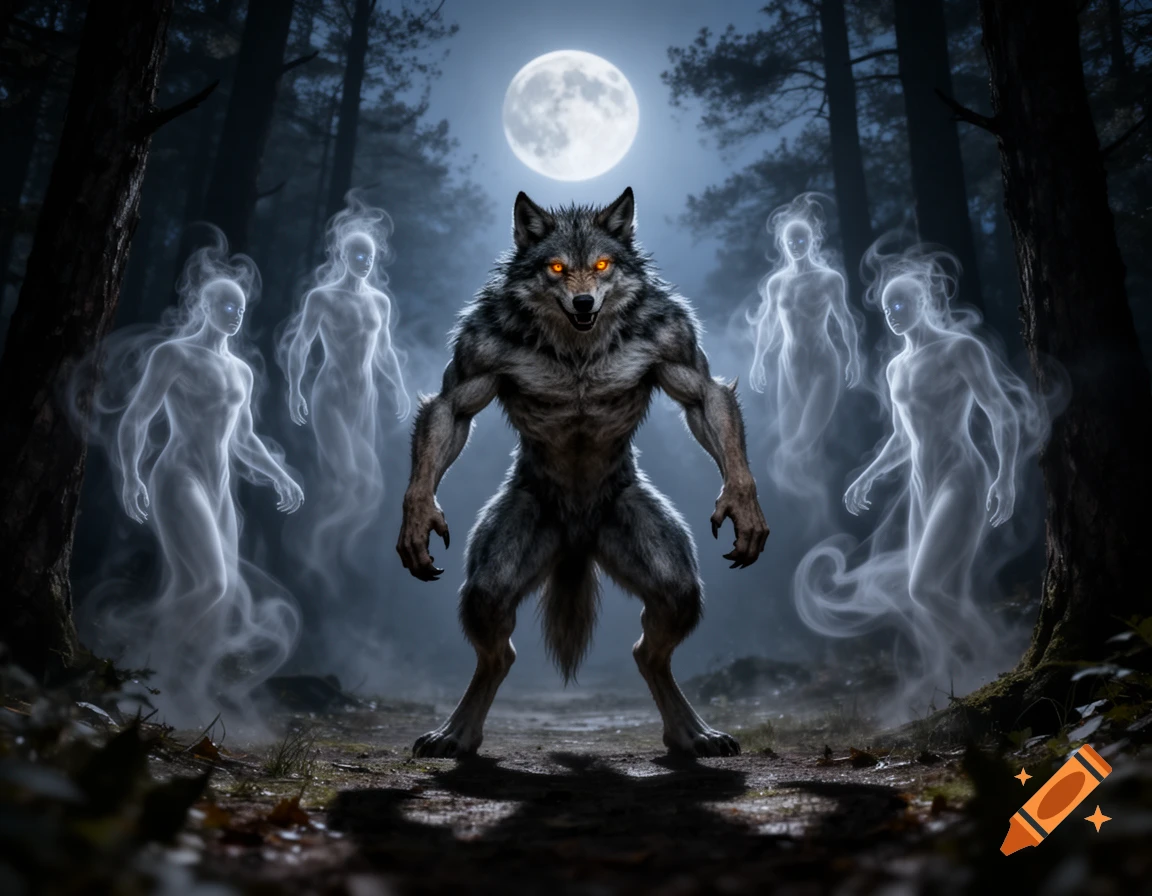A snarling werewolf with glowing eyes stands in a dark forest under a full moon, surrounded by ethereal white ghost figures.