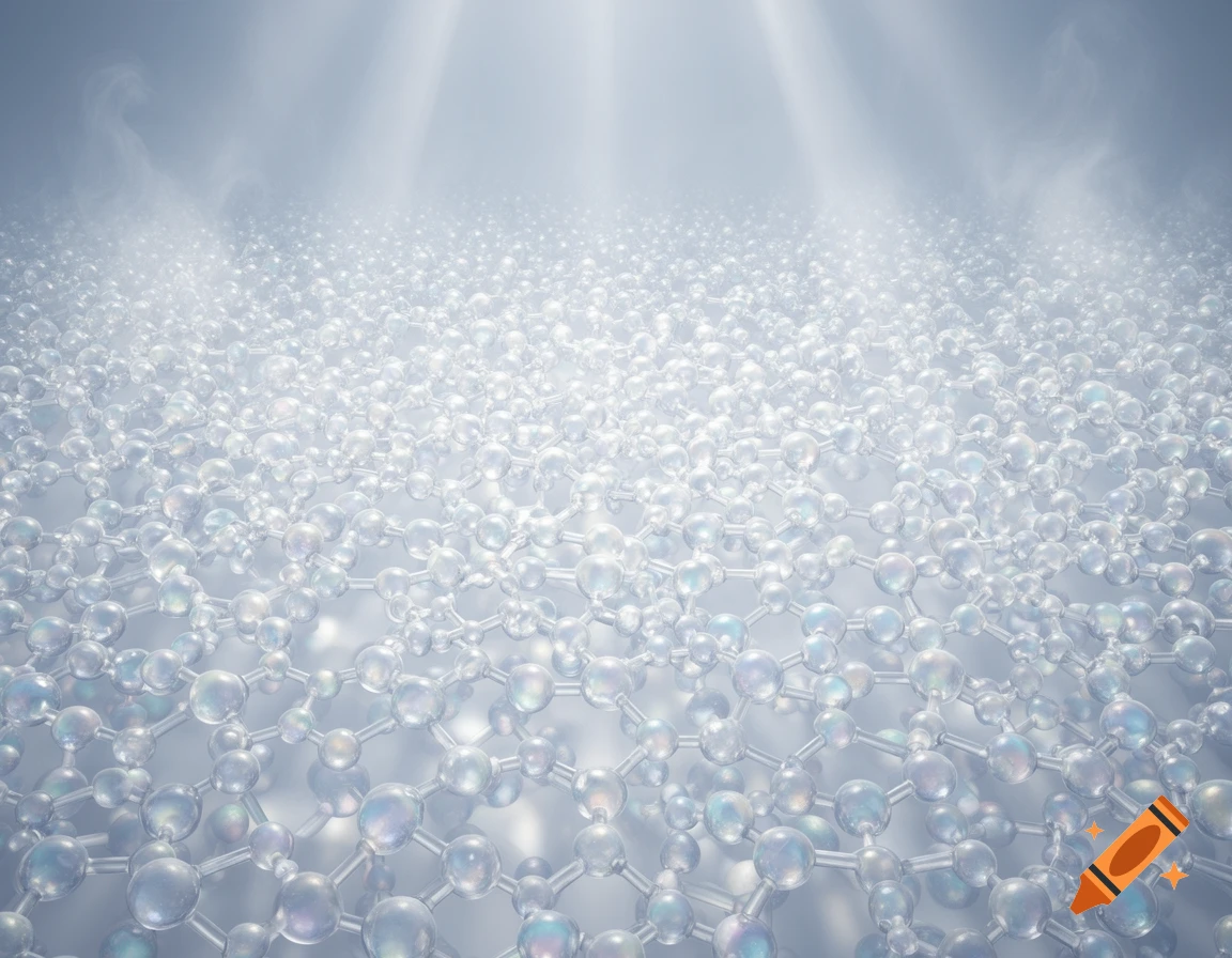 A light blue and white abstract image of translucent spherical molecules connected in a uniform, grid-like structure under bright light.