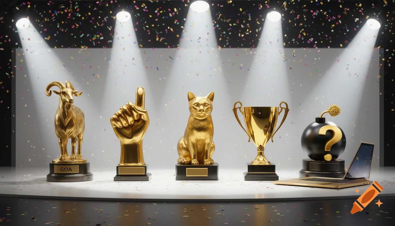 Five golden trophies, including a goat, a thumbs-up hand, a cat, a bomb with a question mark, and a laptop, on a stage with spotlights and confetti.