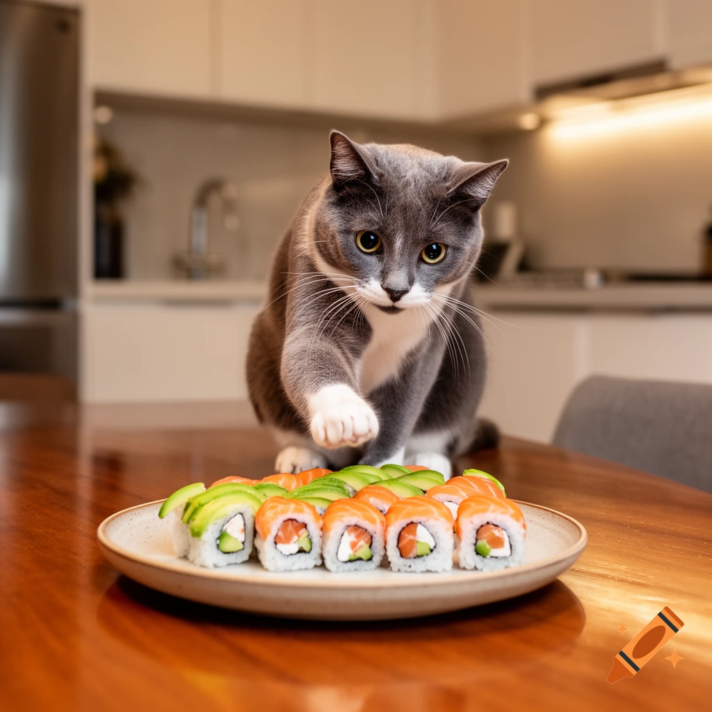A grey and white cat reaches a paw towards a plate of salmon and avocado sushi rolls on a wooden table in a kitchen.