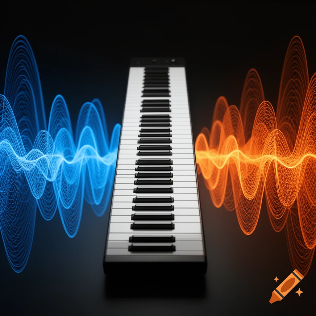 A musical keyboard viewed from above, flanked by glowing blue and orange soundwaves on a dark background.
