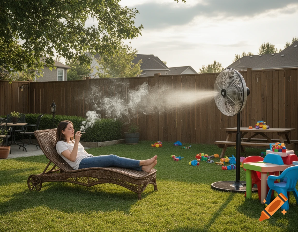 A woman smokes on a lounge chair in a sunny backyard with a misting fan and children's toys.