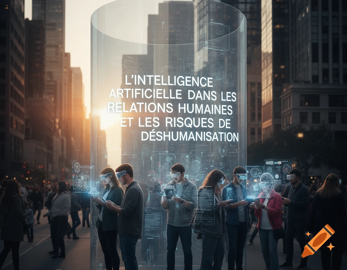 People in a city wearing VR headsets interact with holographic interfaces and text about artificial intelligence in human relations.