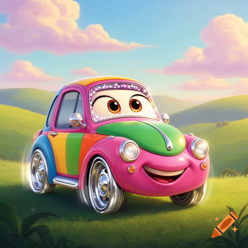 A vibrant, anthropomorphic cartoon car with big eyes and a wide smile ...