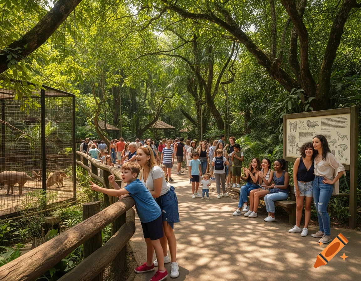 People at a vibrant green zoo, with a child pointing at animals in a cage and groups of visitors nearby.