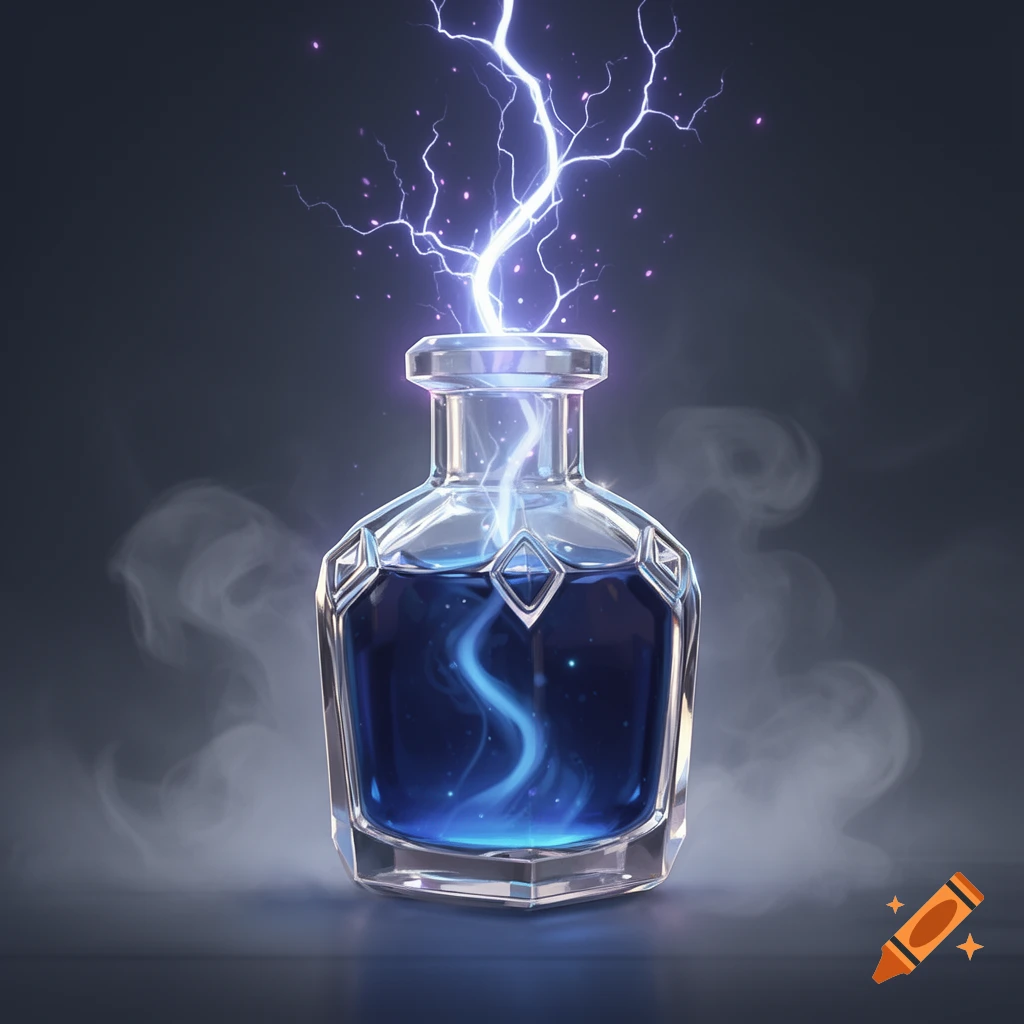A clear, faceted glass bottle containing dark blue liquid with a glowing swirl, from which a bright lightning bolt emerges.