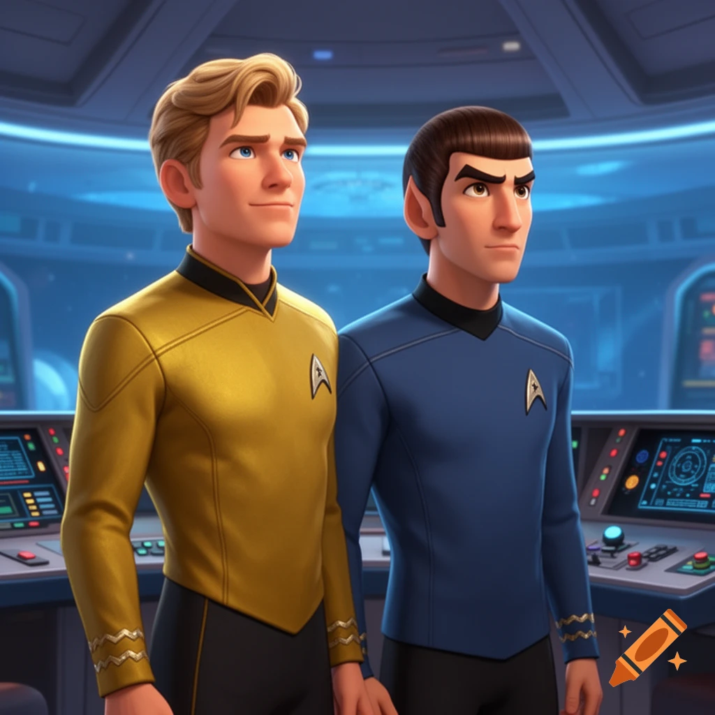 Pixar-style James Kirk in a gold uniform and Spock in a blue uniform stand on a Starship bridge, looking forward.
