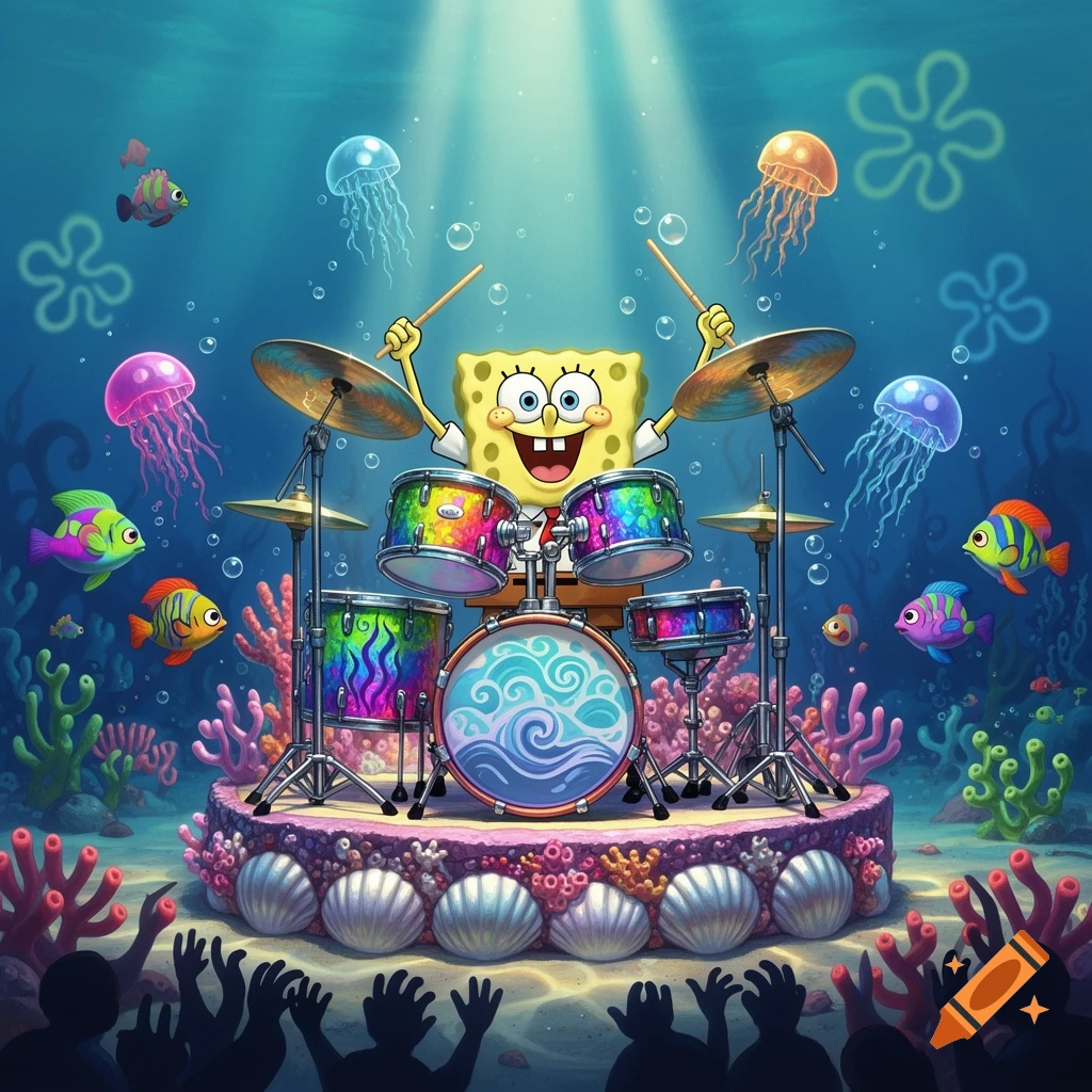 SpongeBob SquarePants plays a colorful drum set underwater, surrounded by coral, fish, jellyfish, and silhouetted audience members.