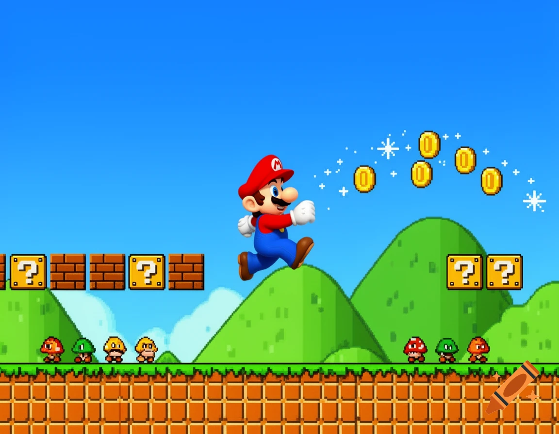 Super Mario runs across a vibrant pixel art level with green hills, question mark blocks, and enemies, collecting coins.