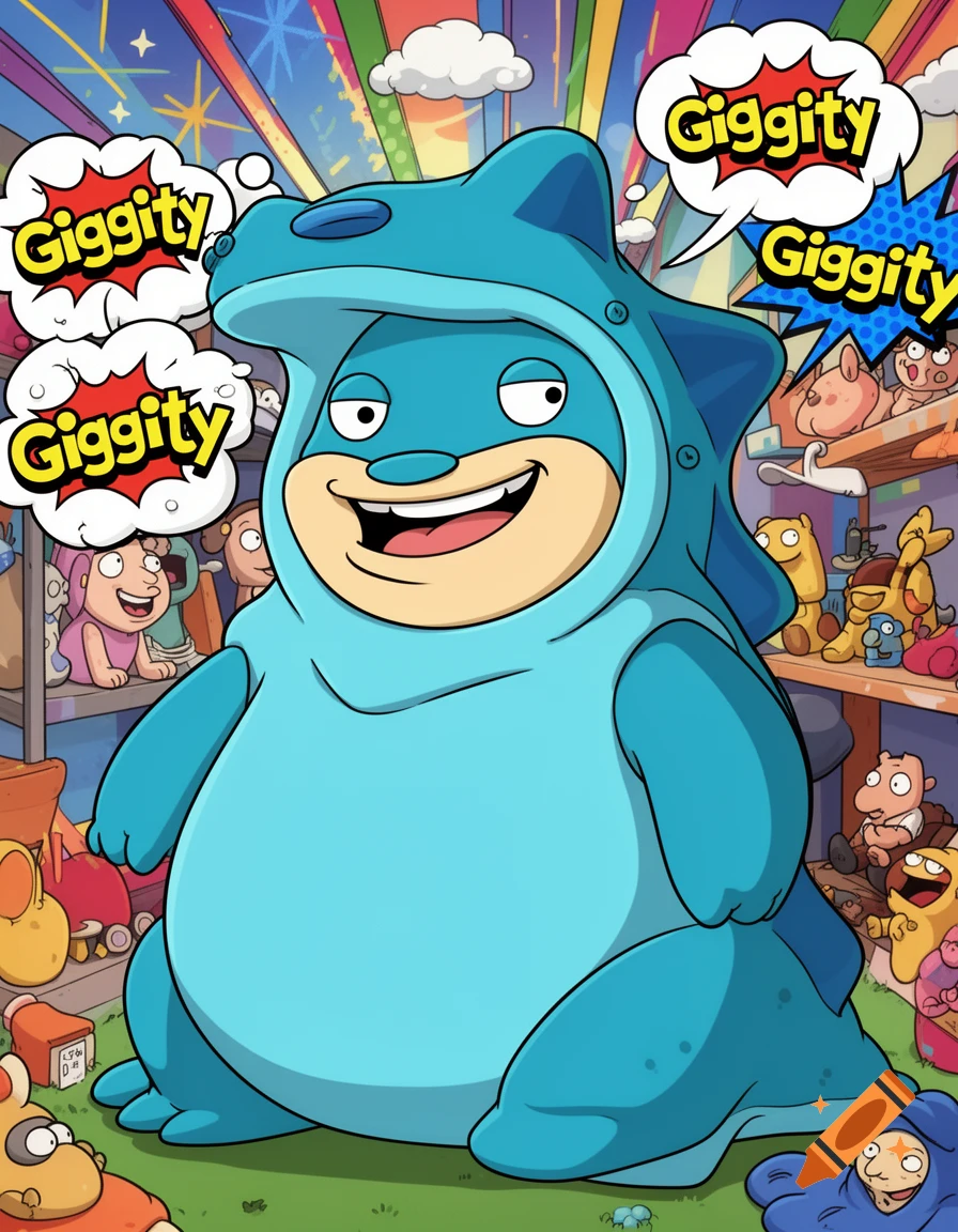Quagmire from Family Guy in a blue Quagsire Pokemon costume, smiling with 'Giggity' speech bubbles, standing in a toy store.