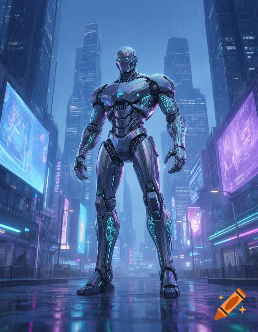A large metallic robot with glowing blue accents stands on a wet city street at night, surrounded by towering skyscrapers and neon signs in a cyberpunk style.