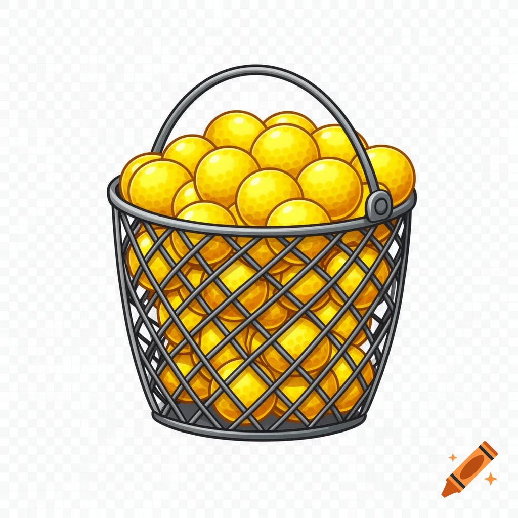 A cartoon wire mesh bucket overflowing with bright yellow golf balls.