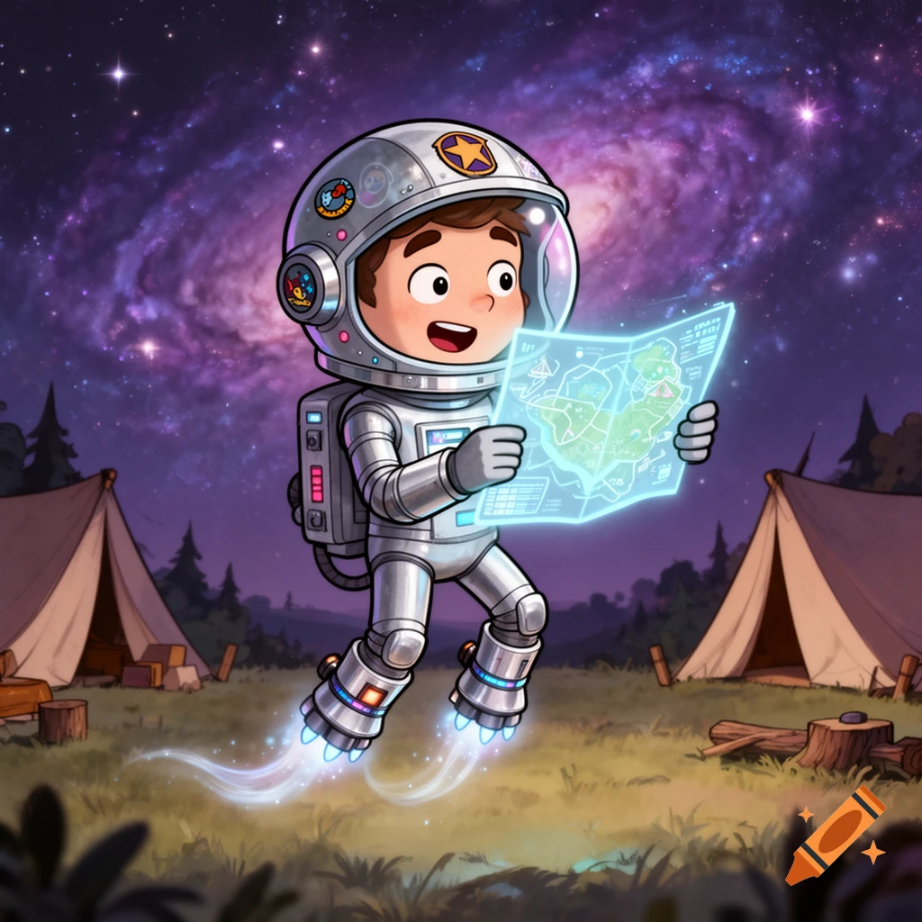 A cartoon child astronaut with a glowing map hovers over a campsite with tents under a starry galaxy sky.