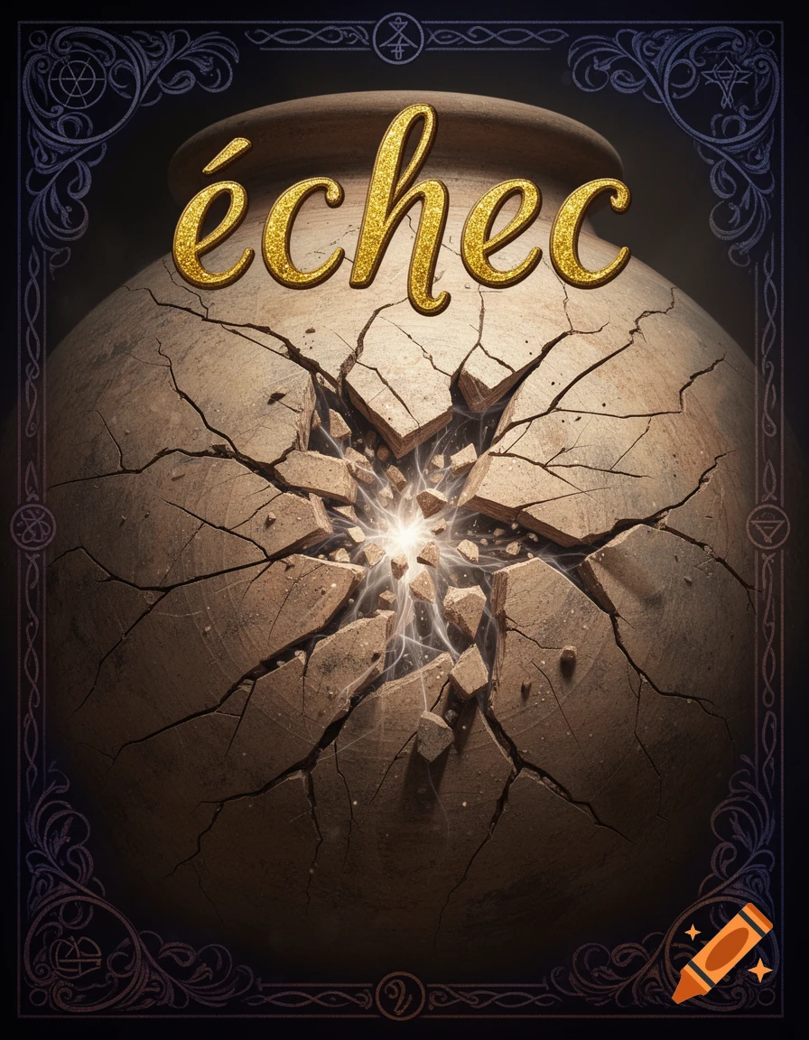A cracked earthenware pot glows from within, with the sparkling gold word 'échec' on it, bordered by ornate mystical designs.