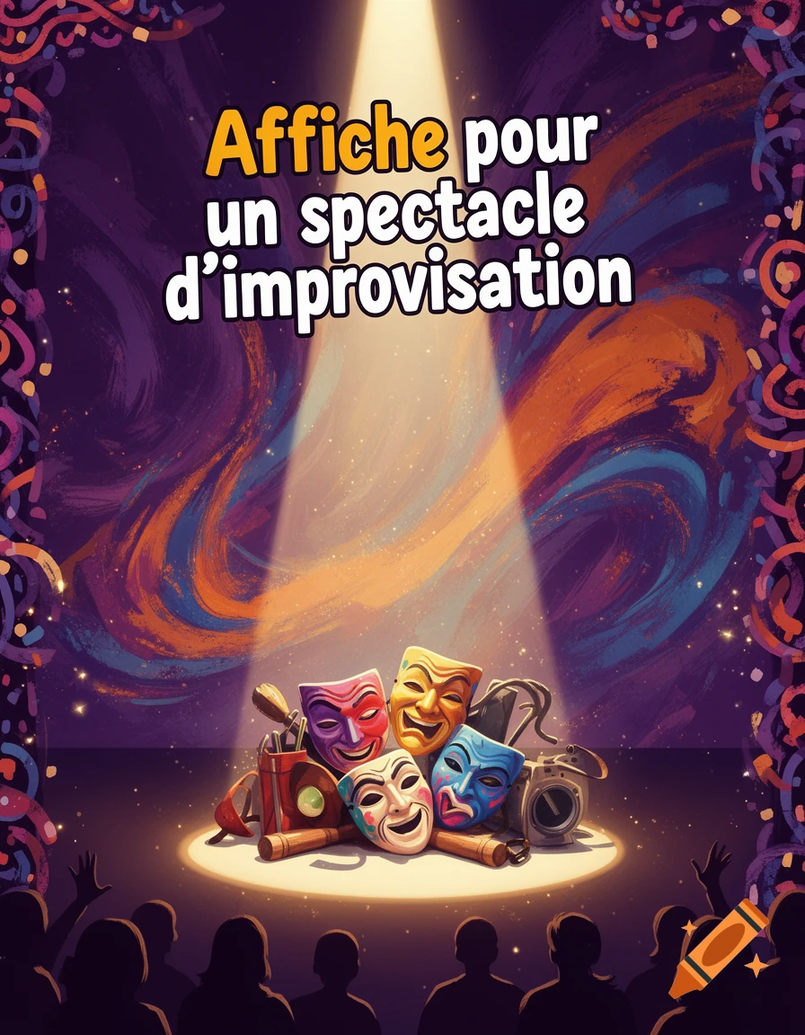 Colorful illustration of a theater poster with a spotlight on comedy and tragedy masks, an audience, and French text.