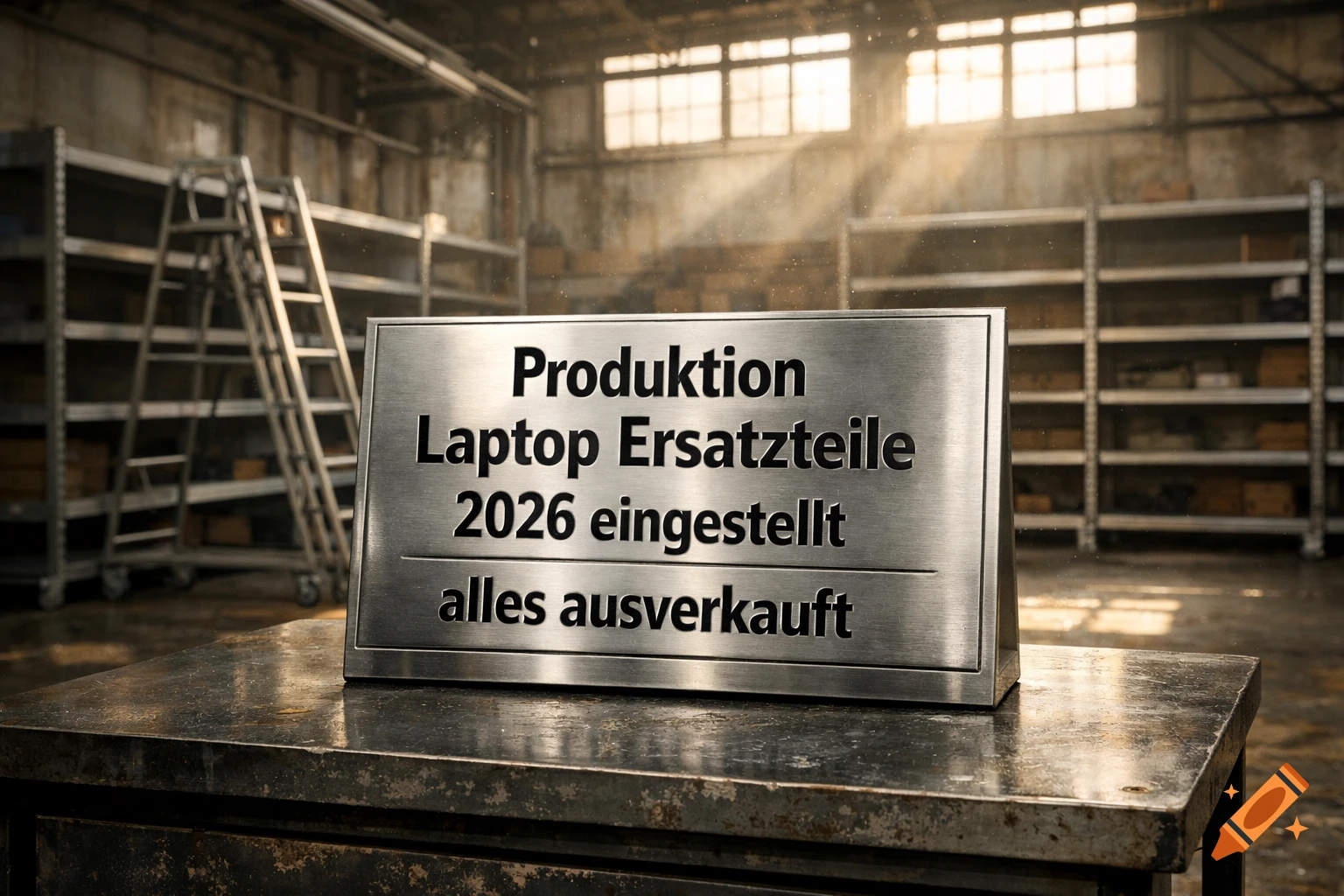 A metal sign on a workbench in a dusty industrial warehouse reads 'Produktion Laptop Ersatzteile 2026 eingestellt alles ausverkauft'.