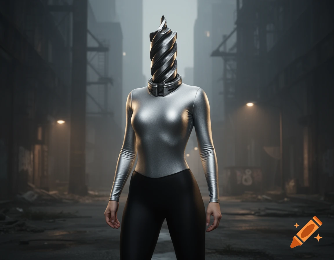 A female character in a metallic silver bodysuit and black pants, with a twisted drill bit for a head, stands in a dark, dystopian city alley.