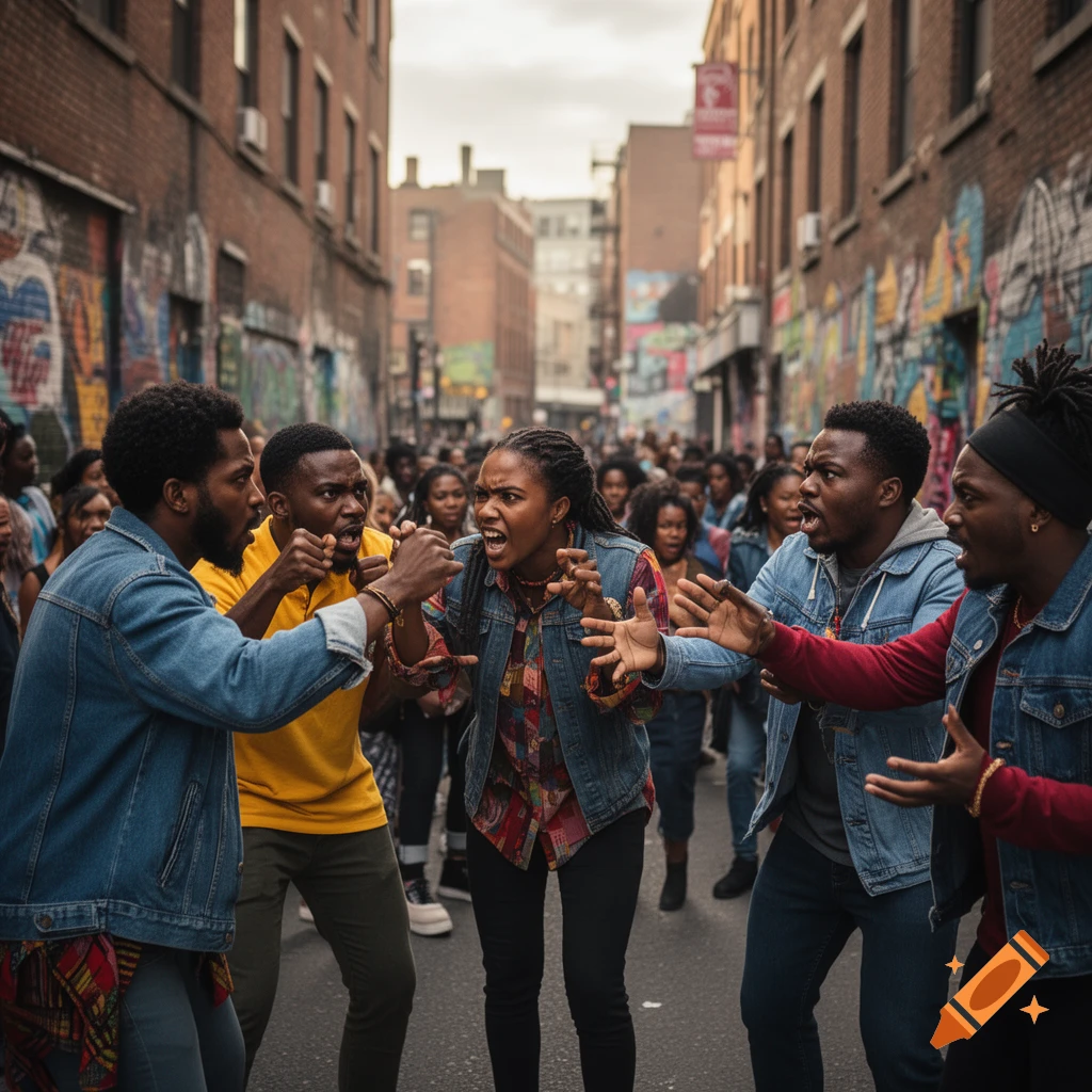 A heated argument erupts between several Black individuals in a graffiti-covered urban alley, with a crowd of onlookers in the background.