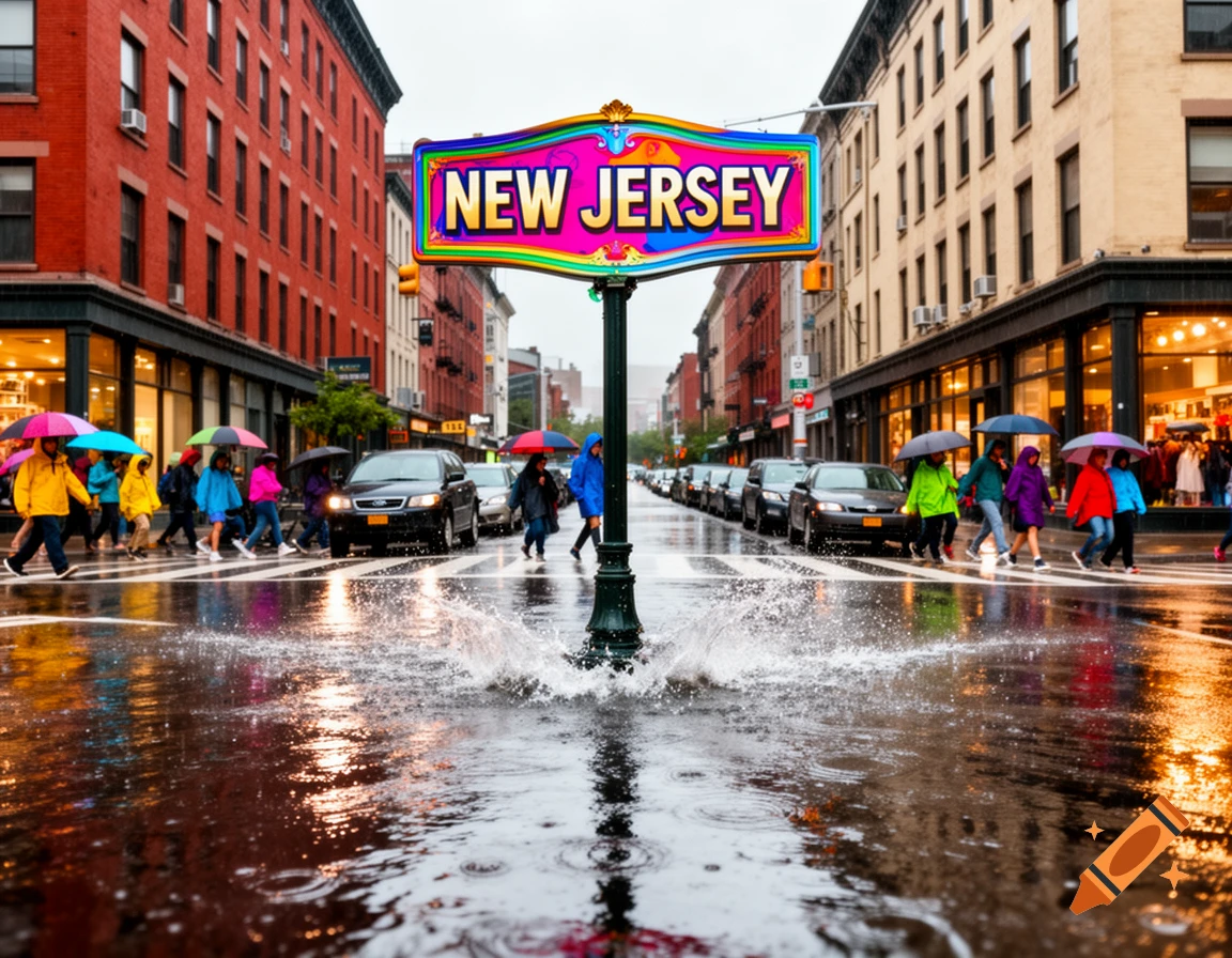 A vibrant, photorealistic rainy city street scene with a 'NEW JERSEY' sign, people with colorful umbrellas, and water splashing.