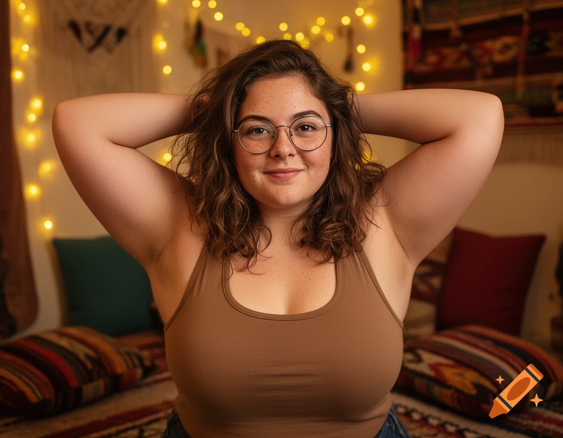 A confident woman with curly brown hair, freckles, and round glasses, wearing a brown tank top, smiles with her arms behind her head, in a cozy boho room with string lights.