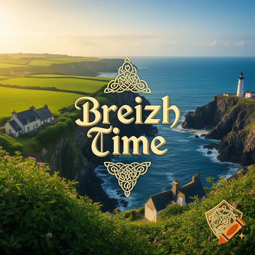 A scenic coastal landscape with green fields, houses, a lighthouse, and the gold text 'Breizh Time' framed by Celtic knots.