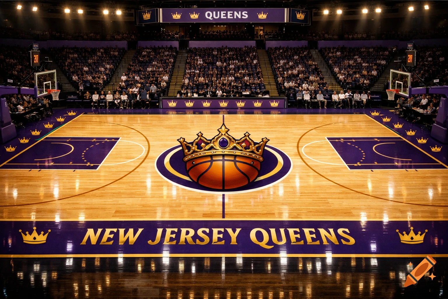 A vibrant purple and gold basketball court with a crown-basketball logo at center, 'New Jersey Queens' on the baseline, and spectators.