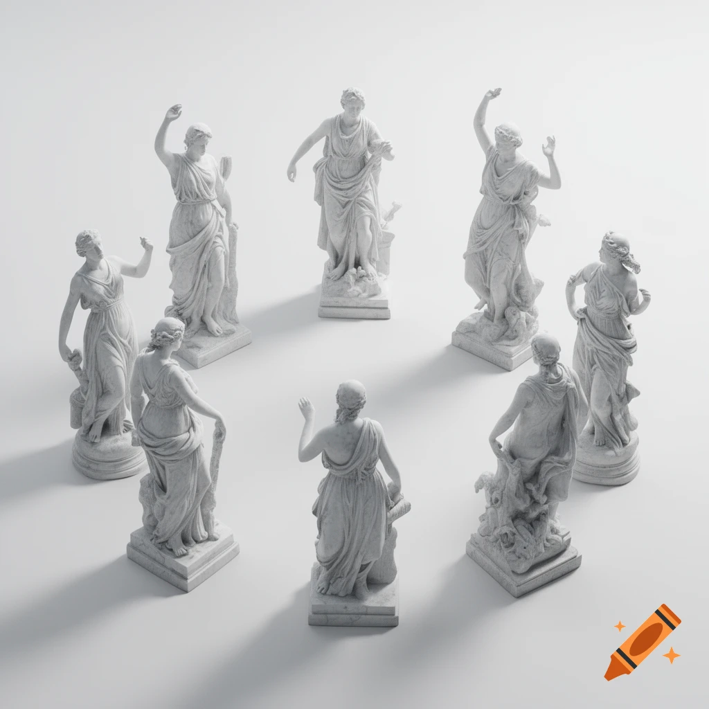 Several white classical statues in various poses arranged in a circle on a minimalist white background.