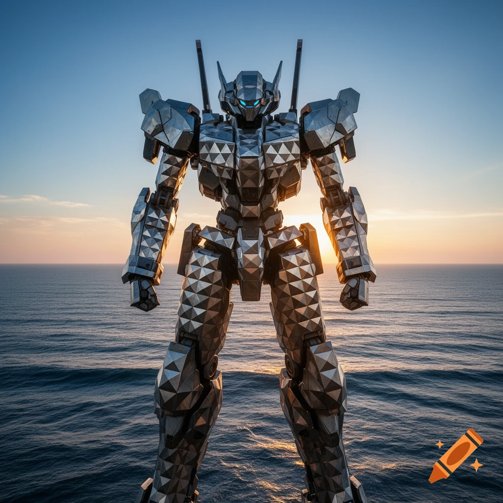 A towering, metallic robot with a geometric pyramid texture stands in the ocean, backlit by a vibrant sunset.