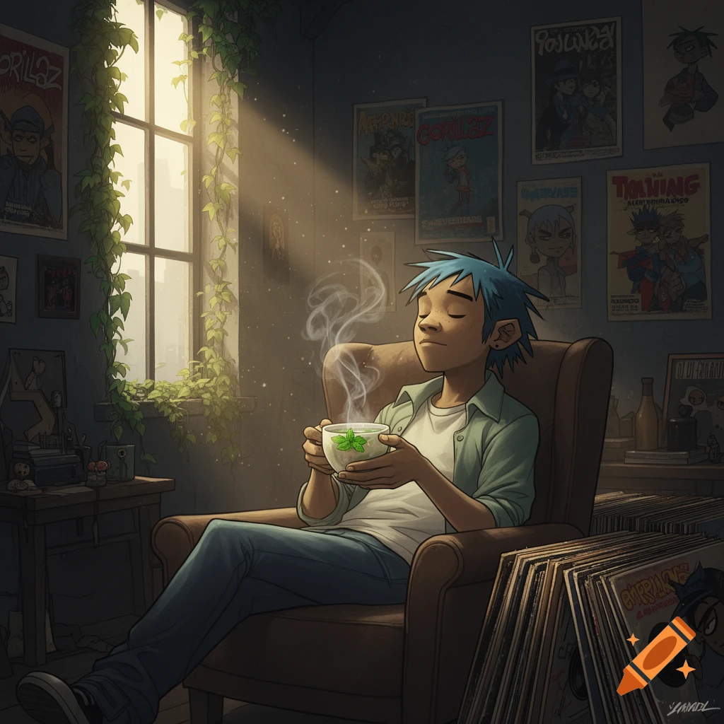 2-D from Gorillaz relaxes in an armchair, eyes closed, holding a steaming cup of peppermint tea in a sunlit room filled with band posters and vinyl records, in a cartoon style.