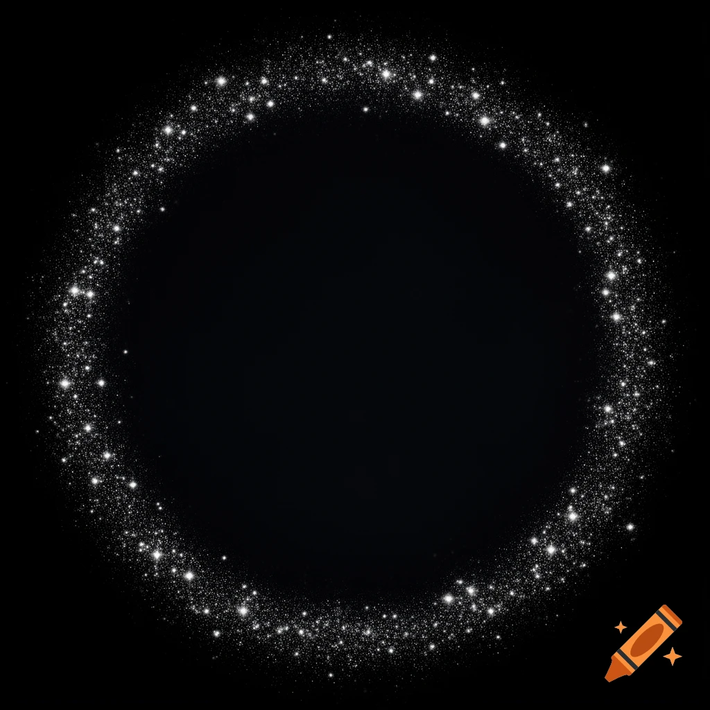 A circular frame made of sparkling white stars on a black background.