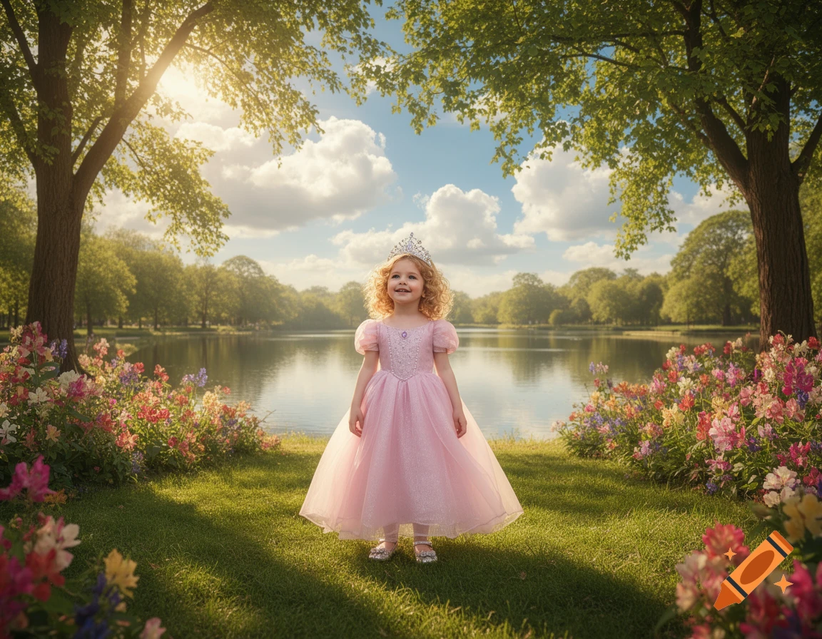 A smiling little girl in a pink princess dress and silver crown stands ...