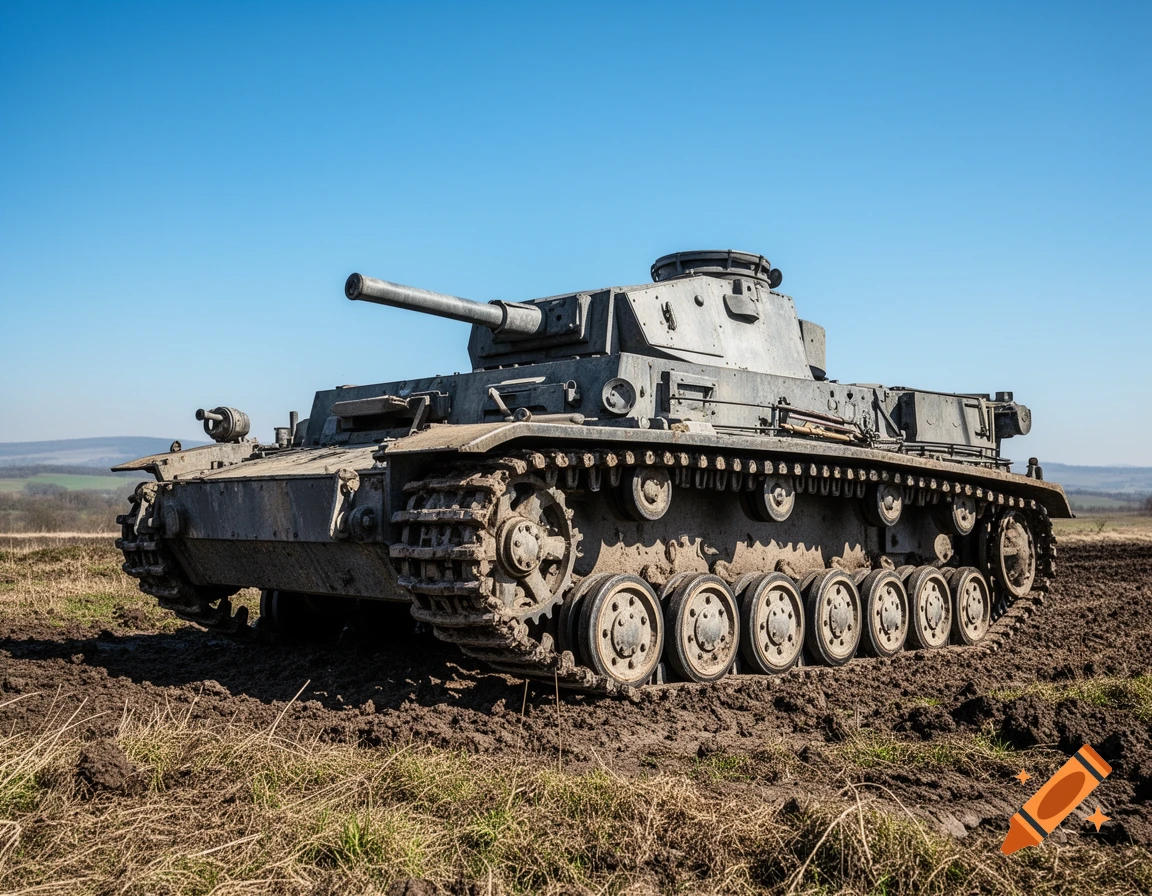 Photorealistic gray Panzer IV tank with interleaved roadwheels on muddy terrain under a clear blue sky.