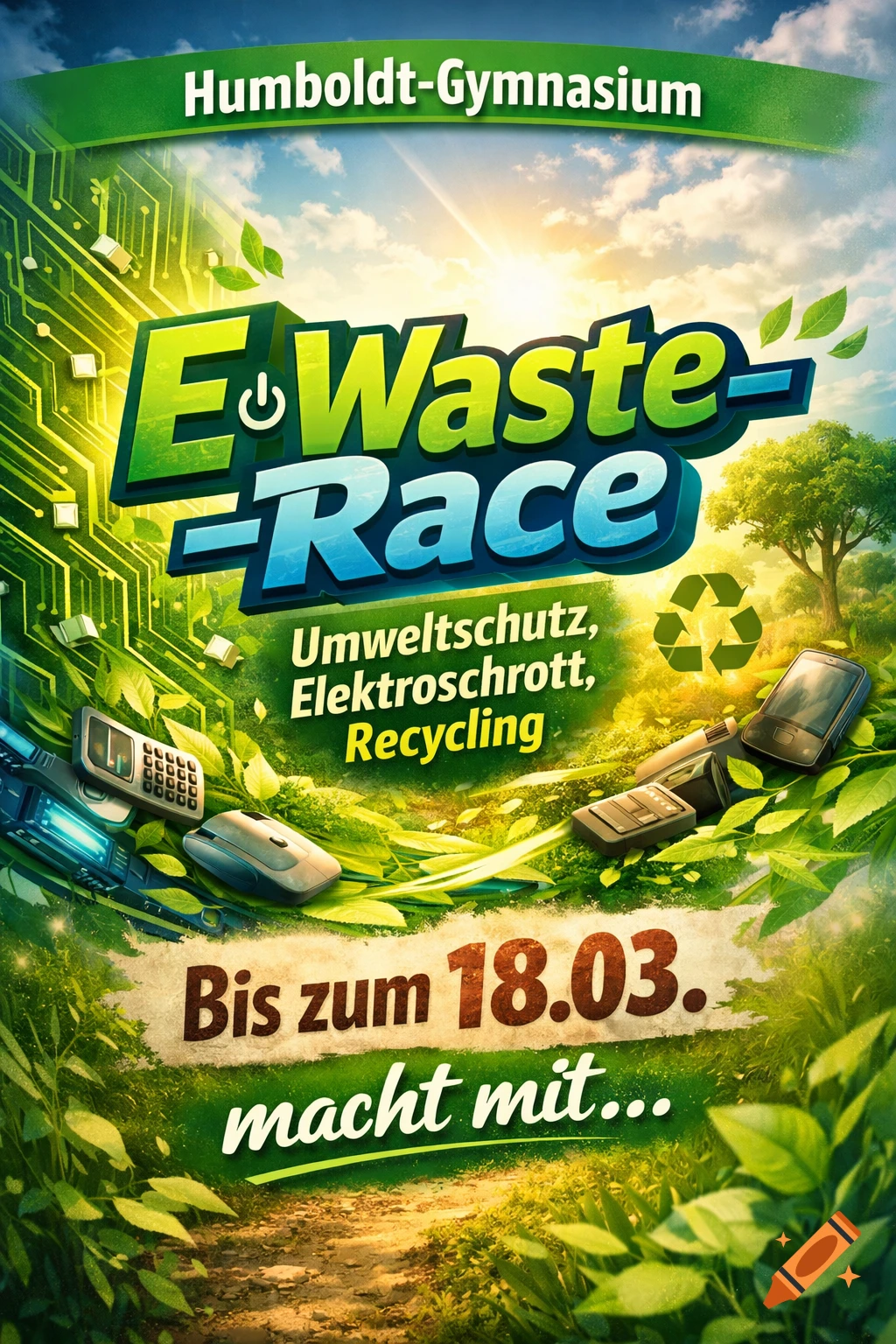 A flyer for an "E-Waste-Race" at Humboldt-Gymnasium, featuring discarded electronics amidst green foliage and circuit board patterns under a sunny sky.