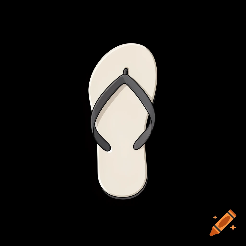 A white flip-flop with dark gray straps on a black background, rendered in a clean, cartoonish style.