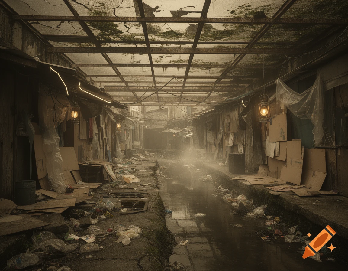 A dimly lit, trash-filled alleyway in a decaying urban setting, with makeshift structures and a central dirty water channel.