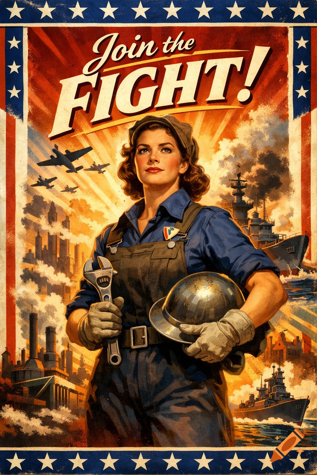 Vintage propaganda poster of a woman in work overalls, holding a wrench and helmet, with warplanes and factories in the background. Text: Join the FIGHT!