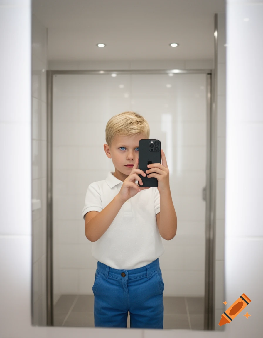 A young boy with blonde hair and blue eyes takes a mirror selfie with a black iPhone in a bathroom.