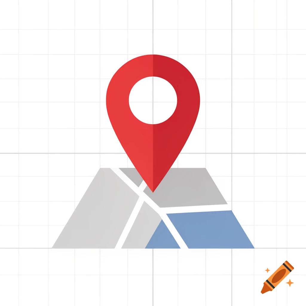 A red location pin icon over a stylized gray and blue map with a white grid background.