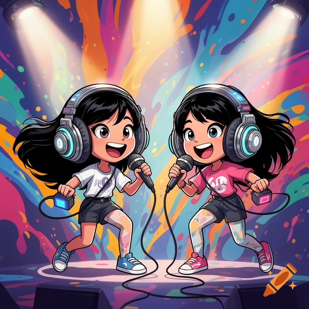 Two excited cartoon girls with black hair, headphones, and microphones sing on a colorful stage.