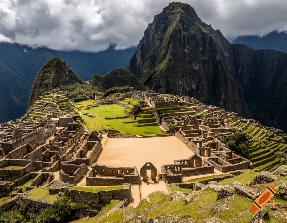 High-angle view of the ancient Inca city of Machu Picchu with stone ruins, green terraces, and mountains under a cloudy sky.