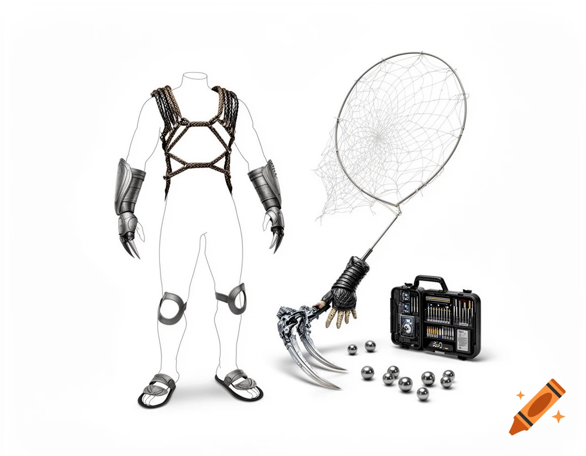 Sci-fi predator armor and weapons concept art on a white background, featuring a human outline with harness, gauntlets, blades, net, and toolkit.